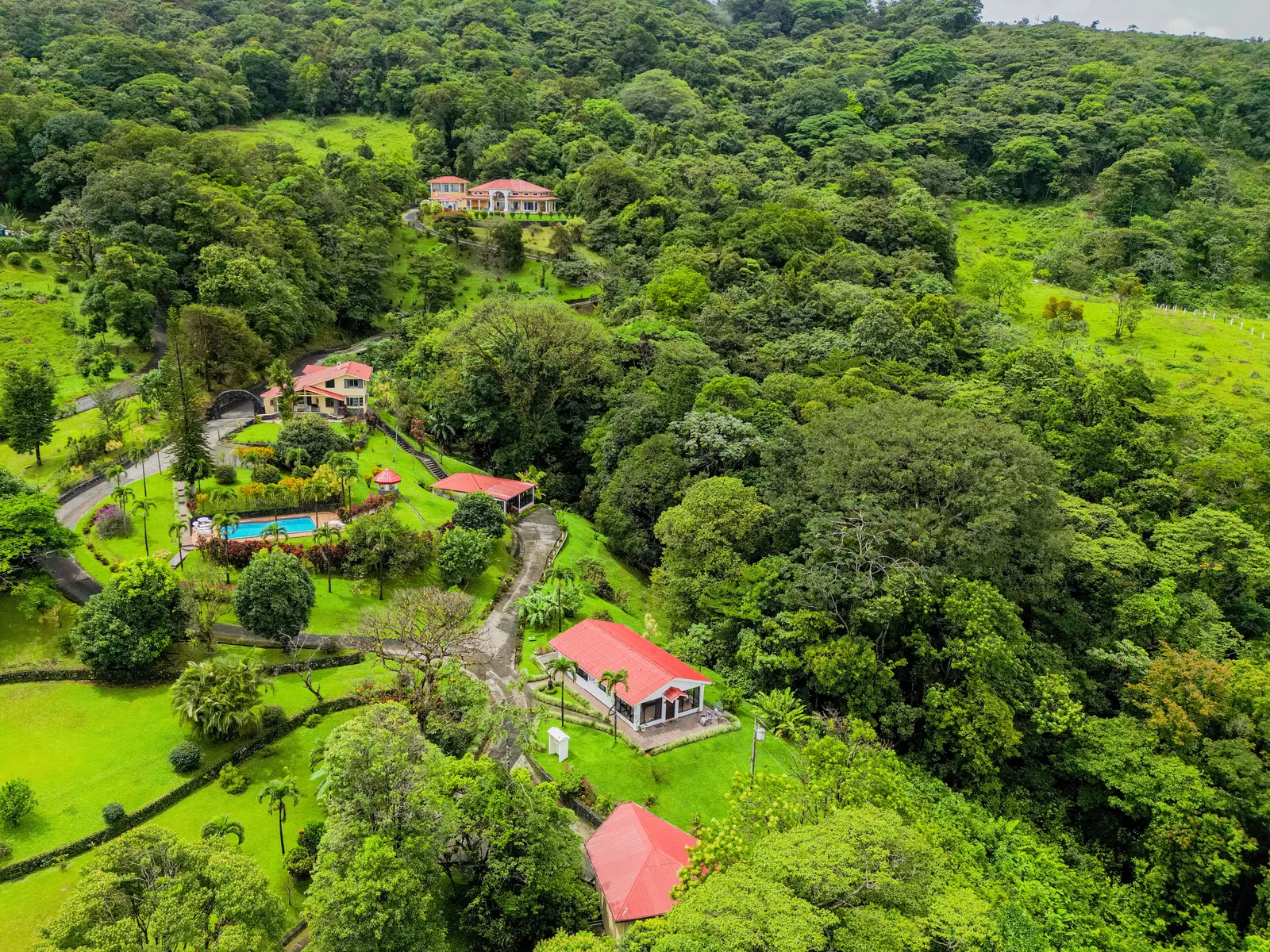 Aerial view of the Elements estate in the rainforest above Lake Arenal